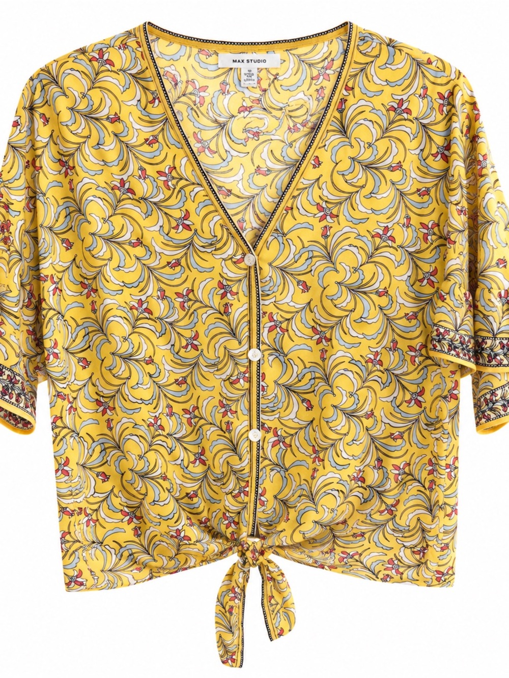 Max Studio Yellow Floral Tie-Hem V-Neck Blouse